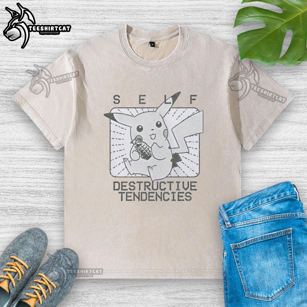 funny-pikachu-self-destructive-tendencies-washed-t-shirt Alt Text: Funny Pikachu graphic on a self-destructive tendencies washed t-shirt, perfect for Pokmon fans and quirky fashion lovers.