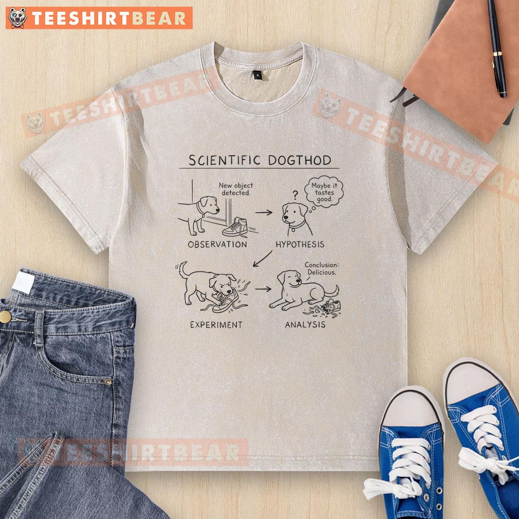 funny-scientific-dogthod-canine-research-method-washed-t-shirt Alt Text: Funny scientific dogthod t-shirt featuring a humorous canine research method design for dog lovers.