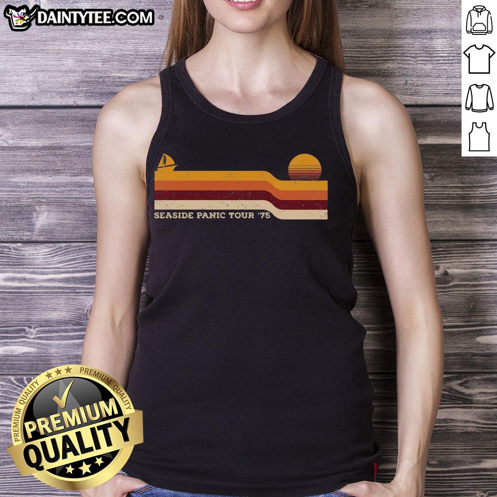 funny-seaside-panic-tour-75-tank-top Funny Seaside Panic Tour 75 tank top featuring a vibrant beach graphic, perfect for summer adventures and beach outings.