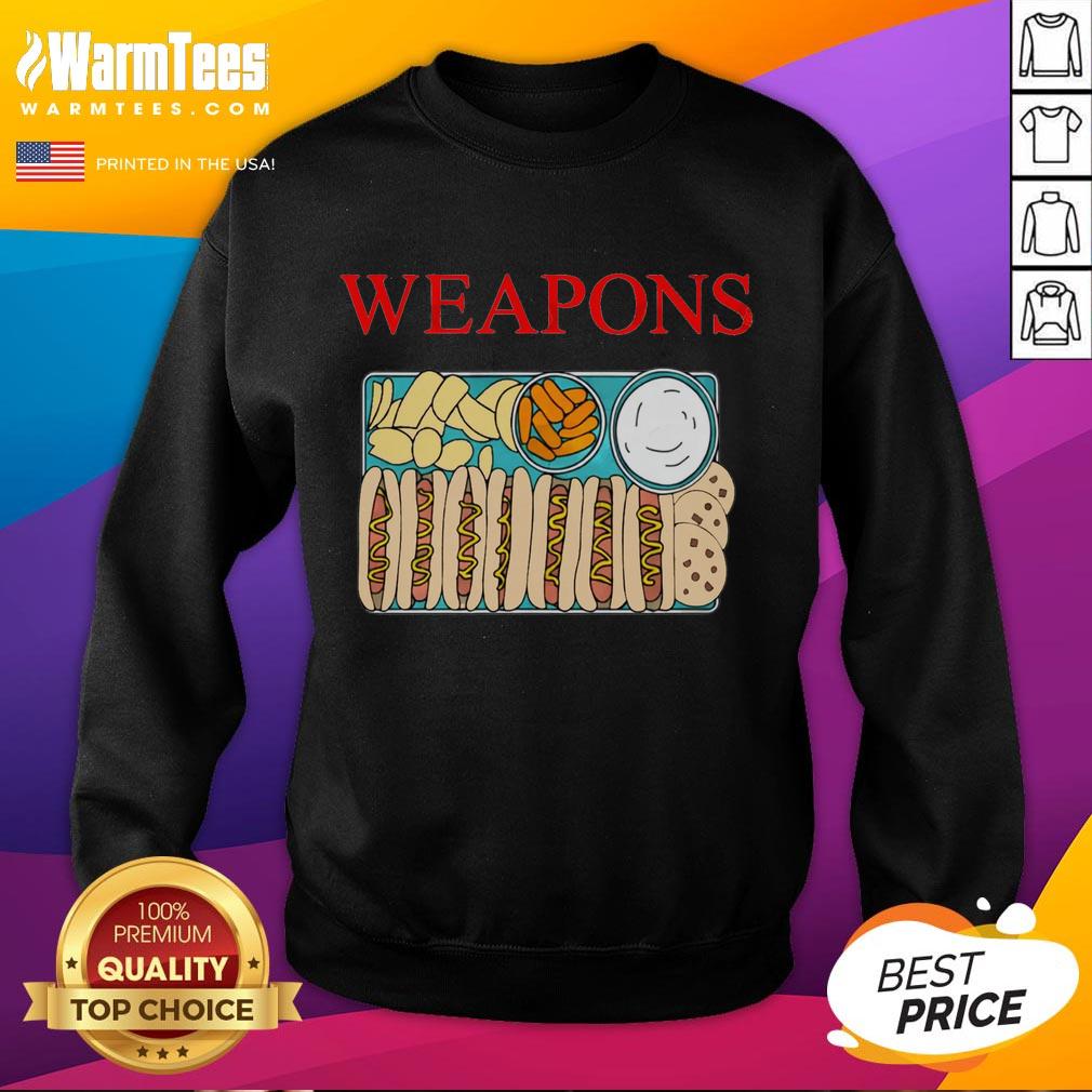 funny-weapons-fast-foods-hot-dog-cookies-chips-sweatshirt Alt Text: Funny weapons and fast foods design on a sweatshirt featuring hot dogs, cookies, and chips for food lovers.