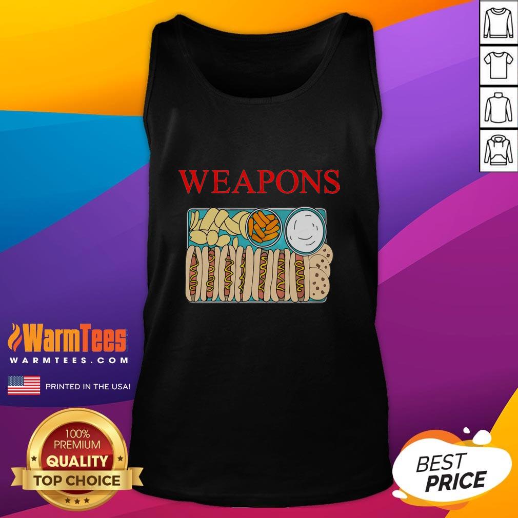 funny-weapons-fast-foods-hot-dog-cookies-chips-tank-top Funny weapons and fast foods design featuring hot dogs, cookies, and chips on a tank top.