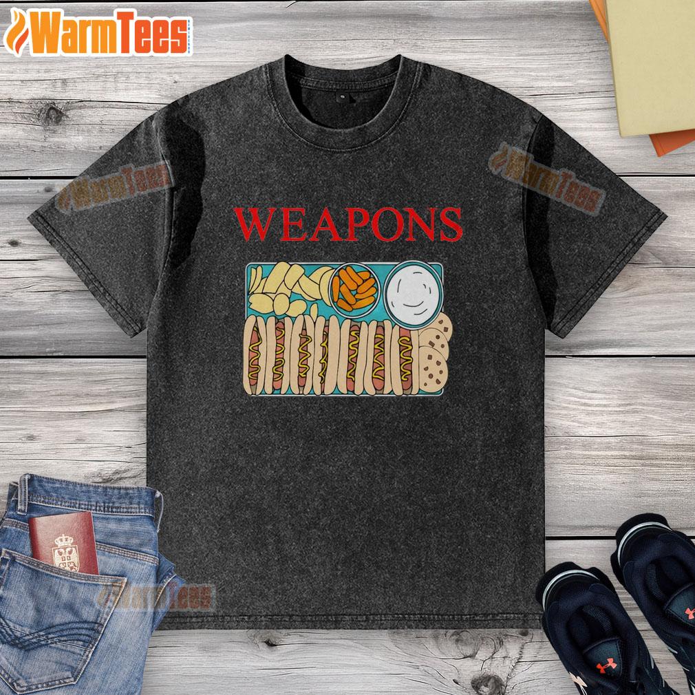 funny-weapons-fast-foods-hot-dog-cookies-chips-washed-t-shirt Alt Text: Funny weapons made of fast foods like hot dogs, cookies, and chips on a washed t-shirt design.