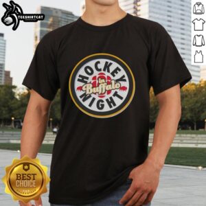 Alt Text: Premium Zach Benson wearing a Hockey Night In Buffalo T-shirt, showcasing team spirit and style at the event.