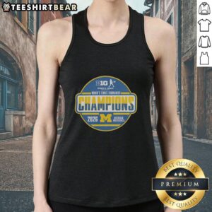 Alt Text: Michigan Wolverines 2026 Big Ten Women's Tennis Tournament champions celebrate in locker room wearing tank tops.