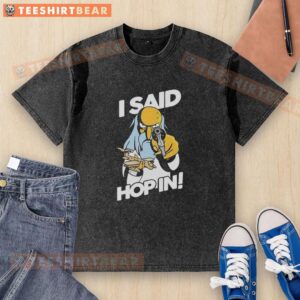 Mr. Burns holding a pistol and model aircraft in 'I Said Hop In' meme on a washed t-shirt.