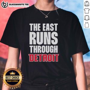 Awesome Detroit Pistons The East Runs Through Ladies Tee featuring vibrant team colors and stylish design for fans.