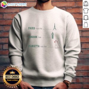 Awesome Paris sweatshirt featuring the Eiffel Tower, Big Ben, and Marietta's Big Chicken in a stylish design.
