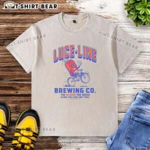 Alt Text: Official Luce Line Brewing washed t-shirt featuring 'The Number 1 Stop for Beers Along the Luce Line Trail' design.