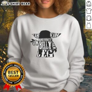 Alt Text: Cute Baby Yoda sweatshirt featuring a brisket design on the arm, belly, and leg for fans of The Mandalorian.