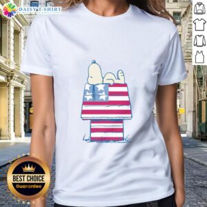 Patriotic Snoopy graphic on a ladies tee, perfect for Independence Day, featuring Nice Peanuts design.