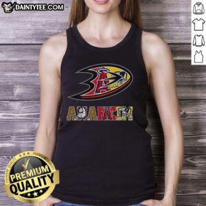 Collage of Anaheim Ducks NHL logo on a stylish tank top, perfect for fans of Anaheim sports teams.