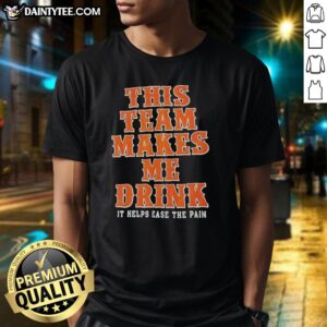 NY Mets T-shirt with 'Pretty This Team Makes Me Drink Orange Blue It Helps Ease The Pain' slogan, showcasing team spirit.