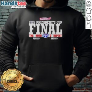 Alt Text: 2026 hoodie featuring the Original Evansville Thunderbolts Hockey Presidents Cup design for The Road 2 Repeat.