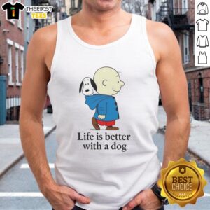 Original Snoopy and Charlie Brown tank top featuring 'Life is Better With a Dog' design, perfect for dog lovers.