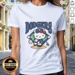Alt Text: Pretty Los Angeles Dodgers Hello Kitty ladies tee featuring a cute design, perfect for fans and casual wear.