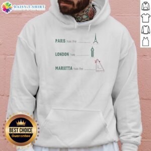 Alt Text: Awesome Paris hoodie featuring the Eiffel Tower, Londons Big Ben, and Marietta's Big Chicken design.