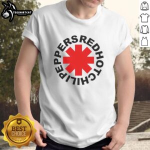 Stylish red Hot Chili Peppers logo t-shirt featuring bold graphic design, perfect for fans of the iconic rock band.
