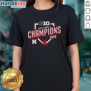 2026 Official Nebraska Huskers Softball Champions Ladies Tee featuring team logo and vibrant colors for fans.