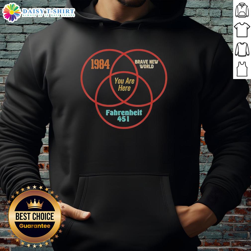 Good 1984 Brave New World Fahrenheit 451 You Are Here Venn Diagram Dystopian Literature Hoodie Venn diagram hoodie featuring 'Good', '1984', 'Brave New World', 'Fahrenheit 451' in dystopian literature theme.