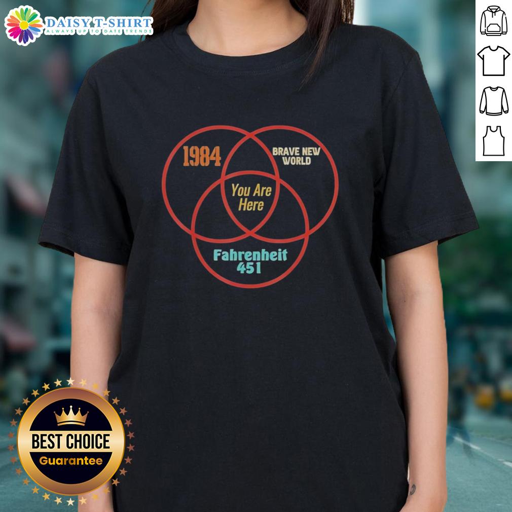Good 1984 Brave New World Fahrenheit 451 You Are Here Venn Diagram Dystopian Literature Ladies-Tee Venn diagram comparing 'Good', '1984', 'Brave New World', and 'Fahrenheit 451' in dystopian literature for ladies' tee.