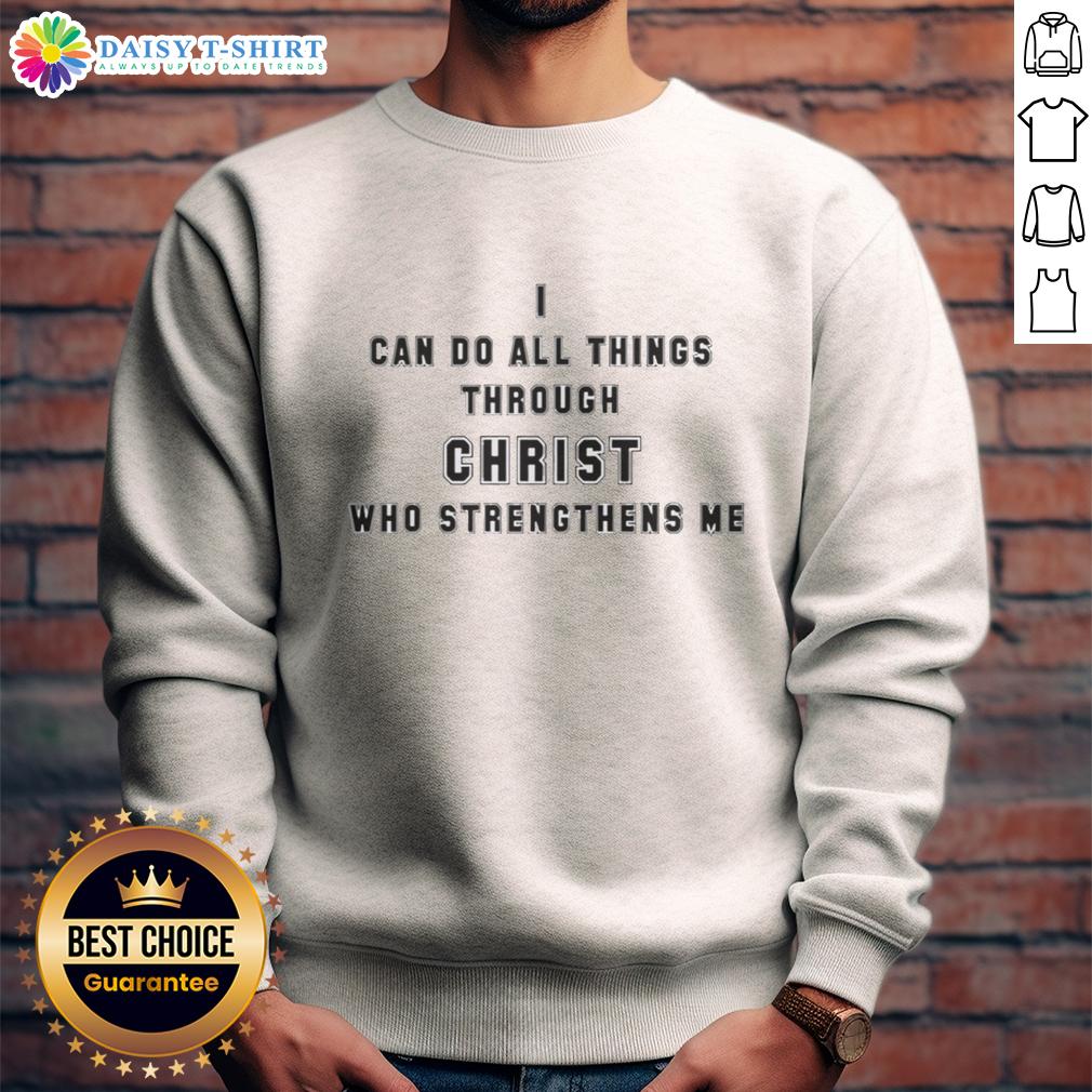 Good Angelo Gabriel I Can Do All Things Through Christ Who Strengthens Me New Version Sweatshirt Alt Text: Good Angelo Gabriel I Can Do All Things Through Christ Who Strengthens Me sweatshirt in navy blue, inspirational design.