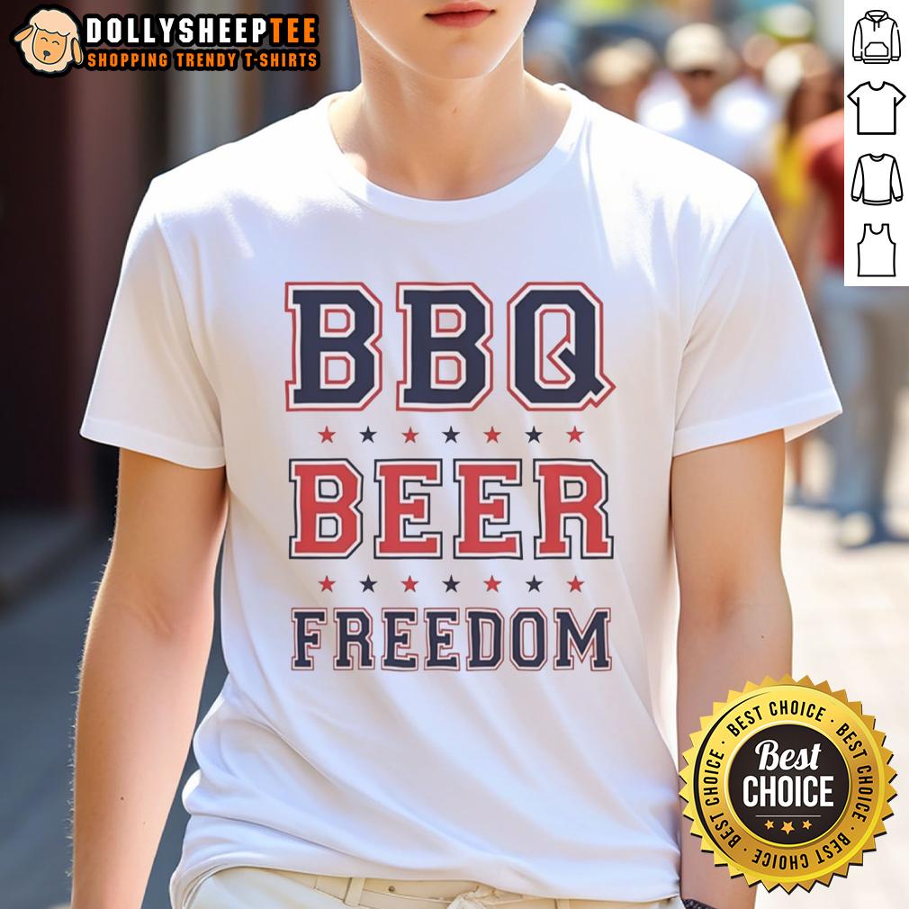 Good Bbq Beer Freedom Stars T Shirt Good BBQ Beer Freedom Stars T-Shirt featuring a patriotic design perfect for summer cookouts and outdoor celebrations.