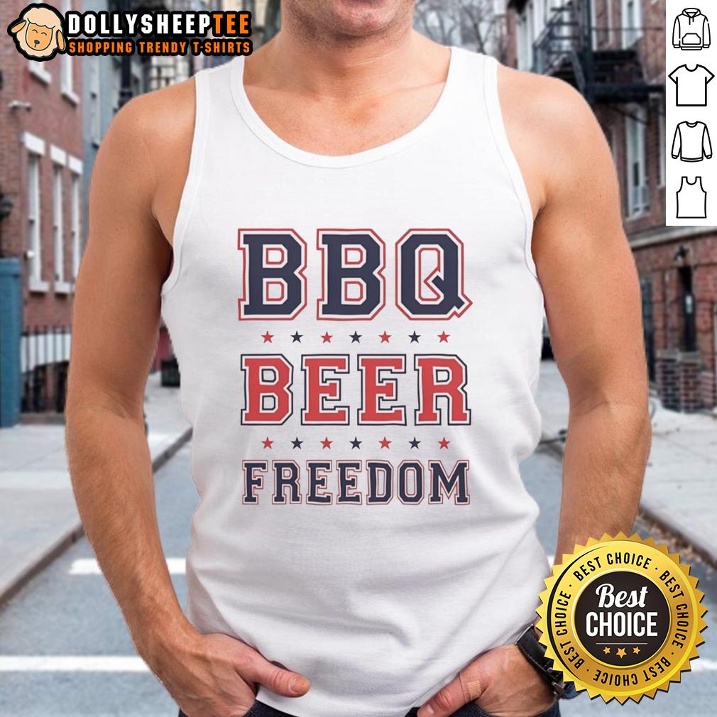 Good Bbq Beer Freedom Stars Tank Top Good BBQ Beer Freedom Stars tank top featuring a patriotic design, perfect for summer cookouts and casual outings.