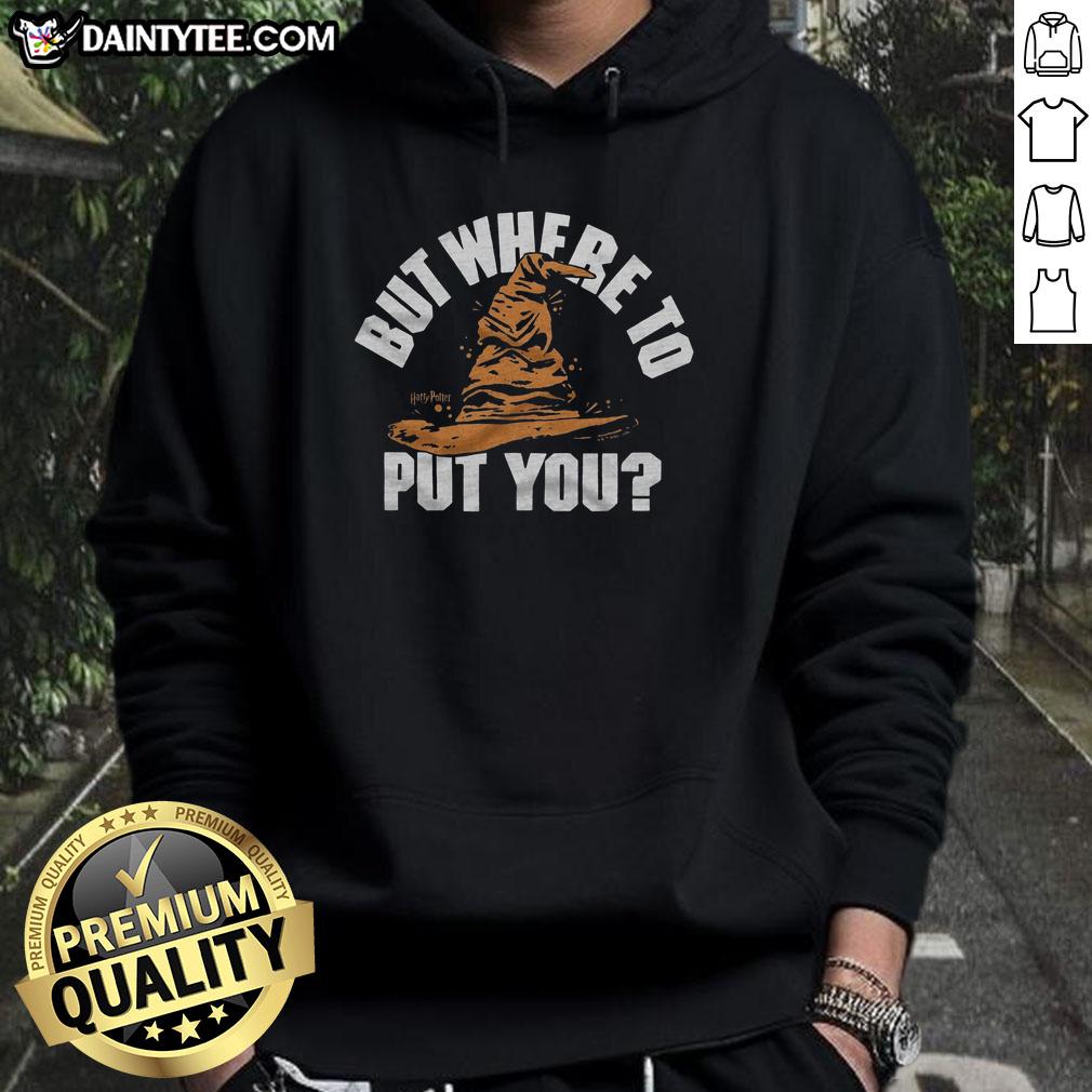 good-but-where-to-put-you-sorting-hat-hoodie Cozy 'Good But Where To Put You' Sorting Hat Hoodie displayed on a hanger, perfect for Harry Potter fans and casual wear.