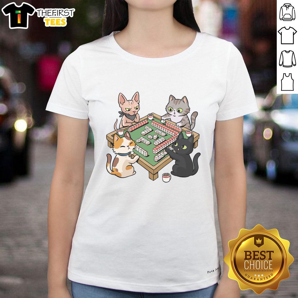 good-cat-mahjong-ladies-tee Good Cat Mahjong Ladies Tee featuring a playful cat design and vibrant colors, perfect for cat lovers and mahjong fans.