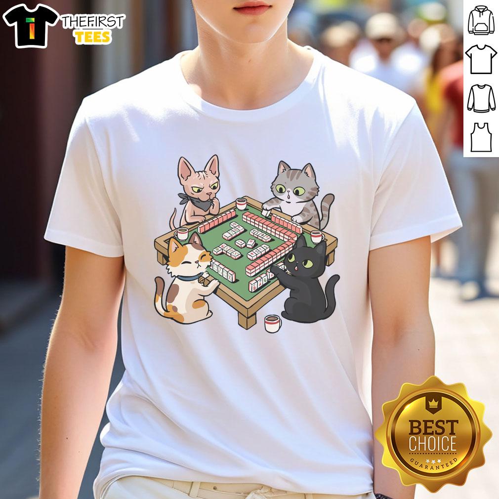 good-cat-mahjong-t-shirt-1 Good Cat Mahjong T-Shirt featuring a playful cat design and Mahjong tiles, perfect for cat lovers and gamers.