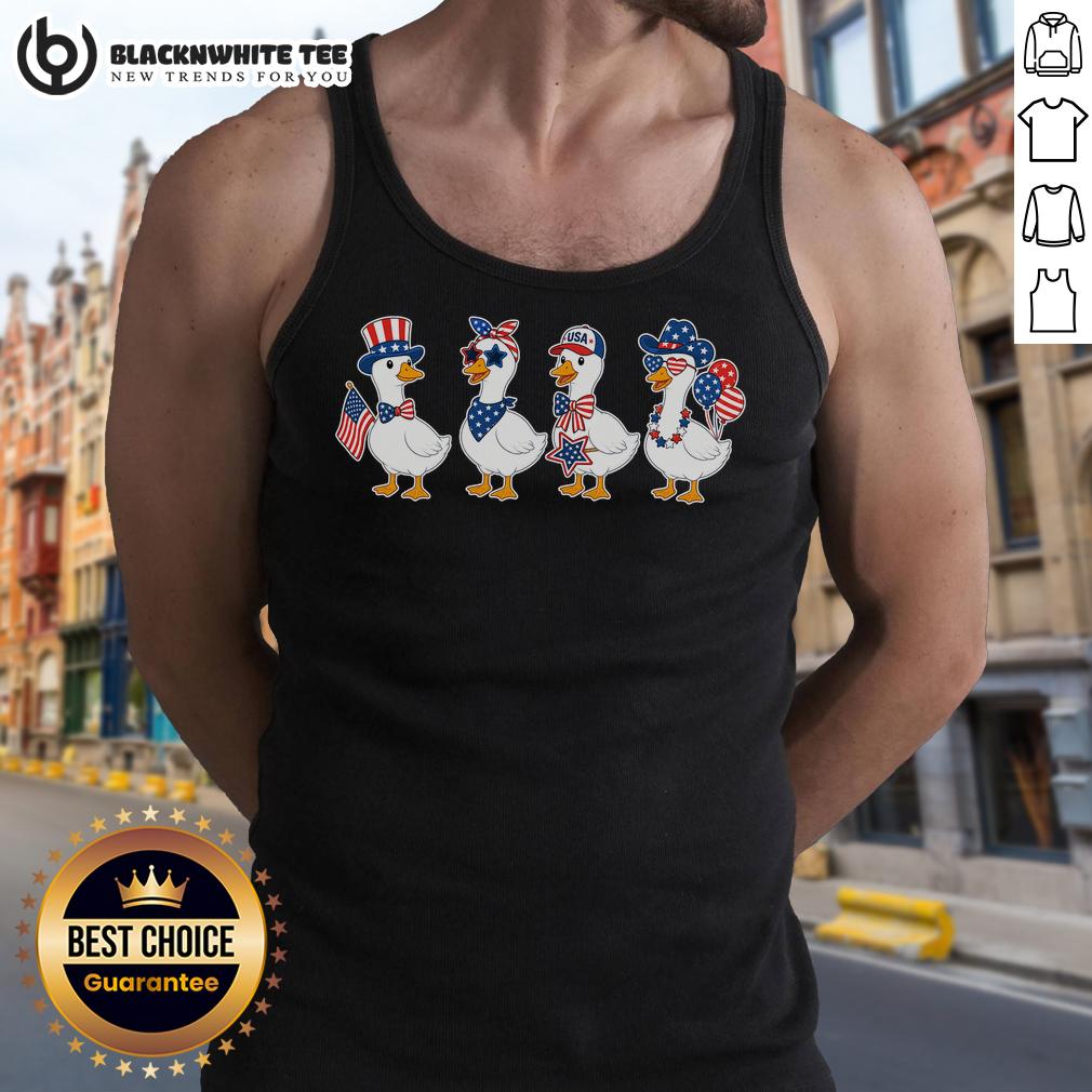 Good Fourth Of July Patriotic Goose Group Tank Top Patriotic goose group on a tank top for a festive Fourth of July celebration, showcasing vibrant red, white, and blue design.