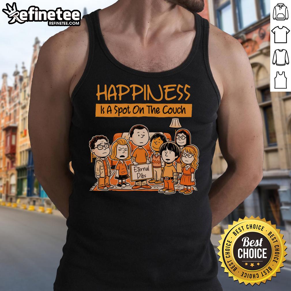 good-funny-peanuts-happiness-is-a-spot-on-the-couch-eternal-dibs-tank-top Good Funny Peanuts tank top featuring 'Happiness is a spot on the couch' design, perfect for cozy, humorous outfits.