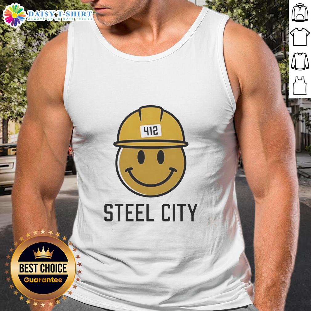 Good Icon Steel City 412 Smiley Hardhat Tank Top Good Icon Steel City 412 Smiley Hardhat Tank Top featuring a cheerful design for construction enthusiasts.
