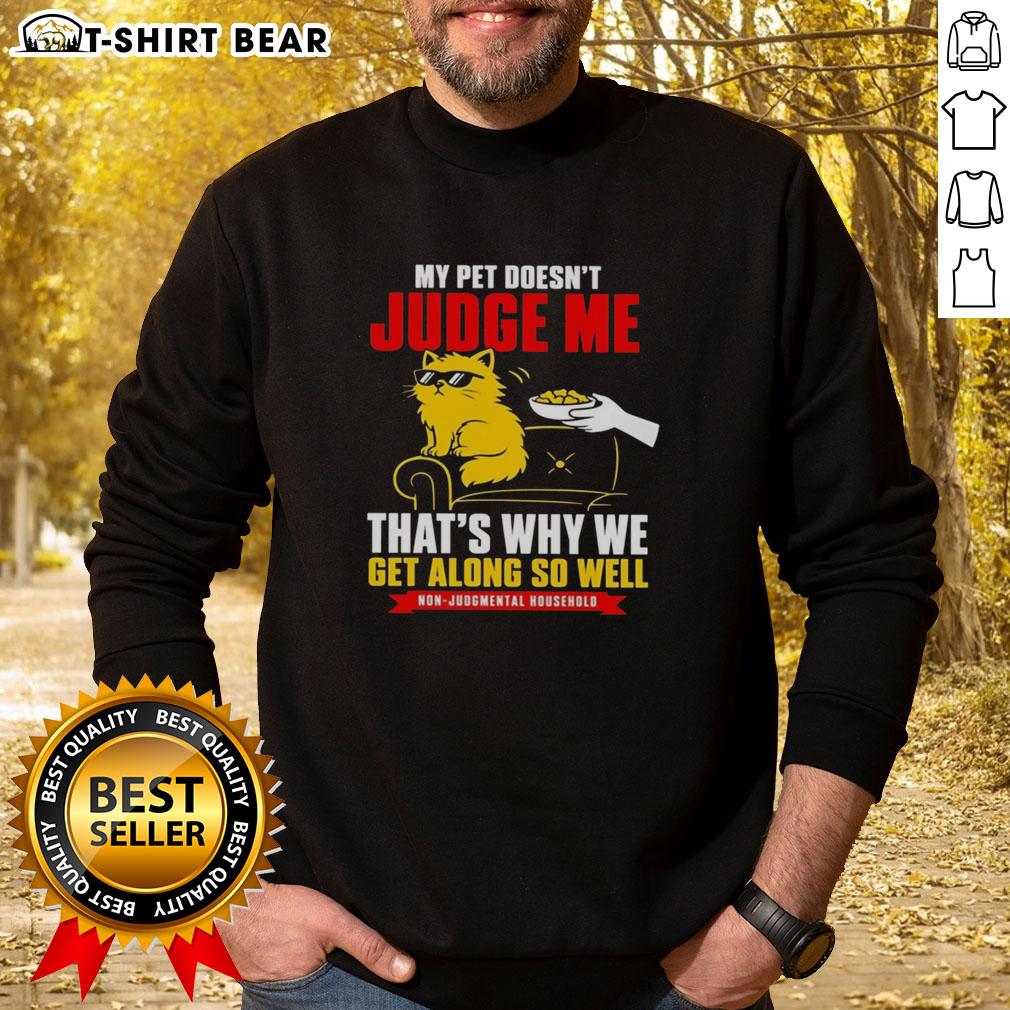 Good Orange Cat My Pet Doesn't Judge Me That's Why We Get Along So Well Sweatshirt Alt Text: Cozy sweatshirt featuring an orange cat, perfect for cat lovers who appreciate non-judgmental pets.
