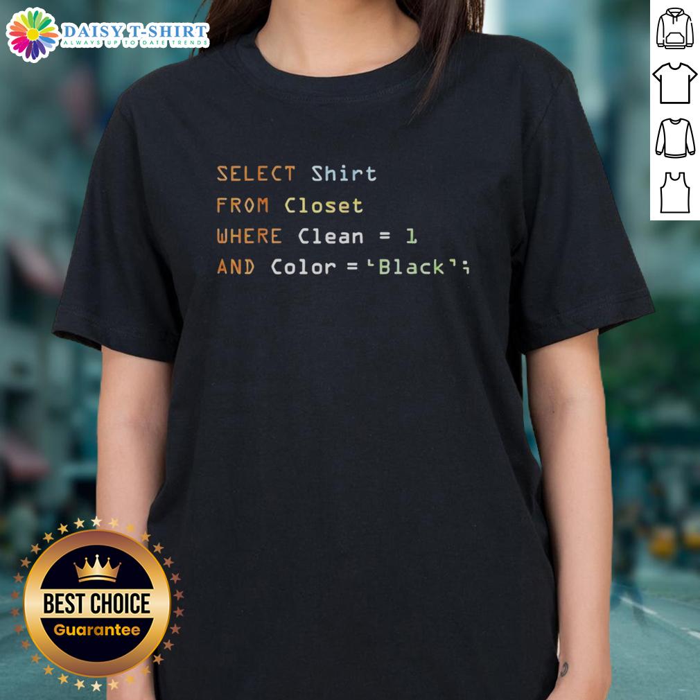 Good Select Shirt From Closet Where Clean 1 And Color Black Ladies Tee A woman selecting a clean black ladies tee from a neatly organized closet, showcasing stylish fashion choices.