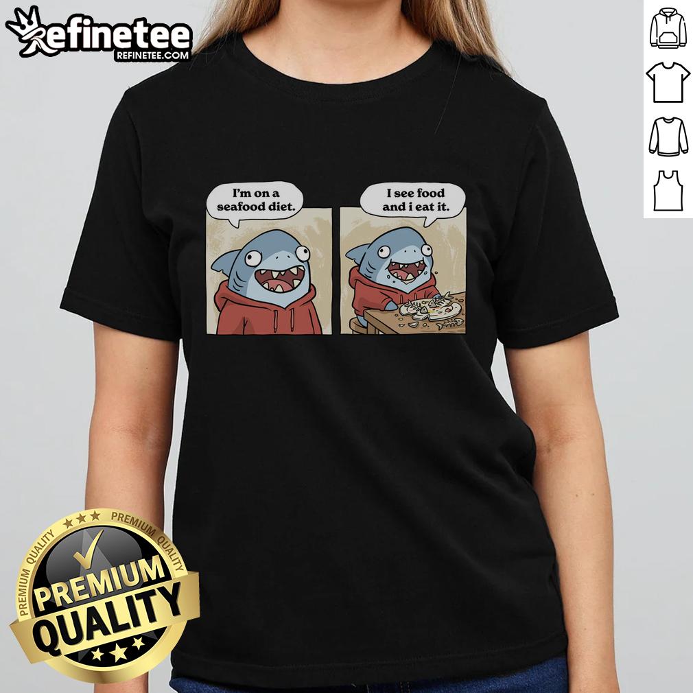 good-shark-seafood-diet-funny-ladies-tee Funny ladies tee featuring a 'Good Shark Seafood Diet' design, perfect for ocean lovers and seafood enthusiasts.