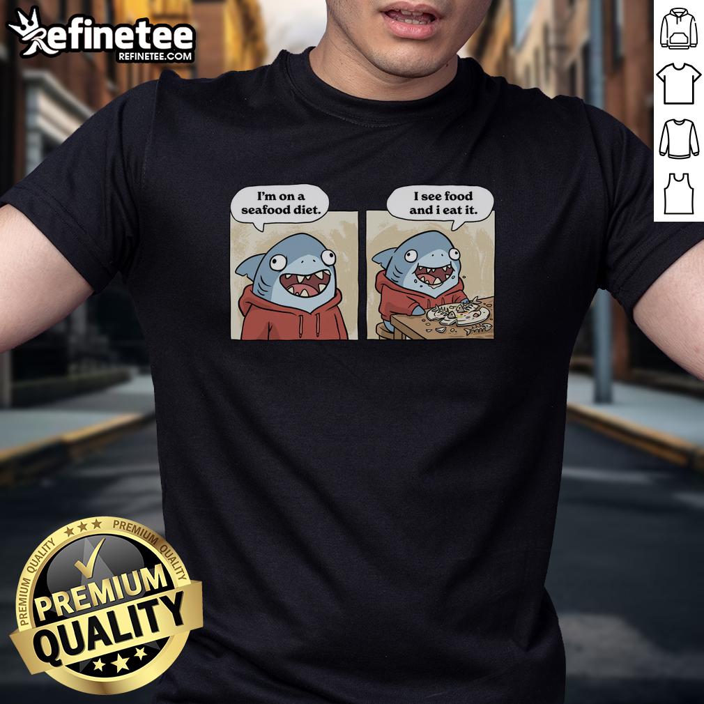 good-shark-seafood-diet-funny-t-shirt Funny 'Good Shark Seafood Diet' T-Shirt featuring a playful shark graphic, perfect for seafood lovers and humor enthusiasts.