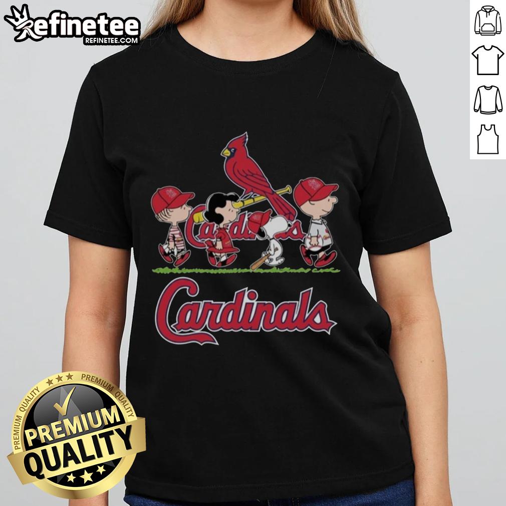 good-snoopy-charlie-brown-linus-and-lucy-wearing-st-louis-cardinals-baseball-jersey-ladies-tee Good Snoopy, Charlie Brown, Linus, and Lucy in St. Louis Cardinals baseball jerseys on a ladies tee.