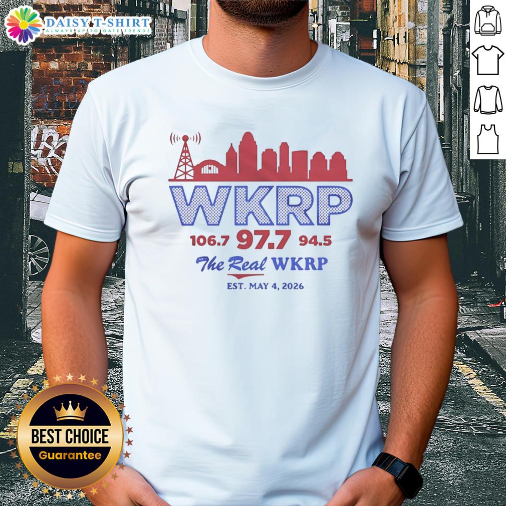 Good Wkrp 106.7 97.7 And 94.5 The Real Wkrp Est May 4 2026 City Skyline Retro T-Shirt Retro City Skyline T-Shirt featuring Good Wkrp 106.7, 97.7, and 94.5, established May 4, 2026.