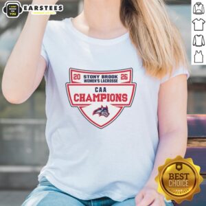 2026 Stony Brook Women's Lacrosse CAA Champions ladies tee featuring team logo and vibrant colors.