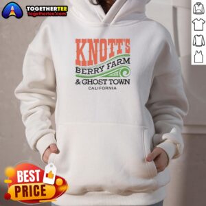 Alt Text: Official Knott's Berry Farm and Ghost Town California hoodie displayed on a rustic background, showcasing its vibrant design.