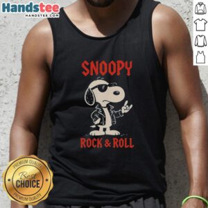 Alt Text: Awesome Snoopy rock and roll cartoon tank top featuring Snoopy playing guitar, perfect for music lovers and fans.