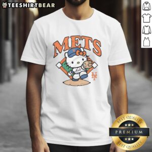 Alt Text: Cute Hello Kitty X New York Mets Throw T-Shirt featuring a playful design perfect for fans and collectors.
