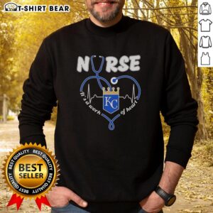 Awesome Kansas City Royals Nurse sweatshirt featuring 'It's a Work of Heart' slogan, perfect for sports and healthcare fans.