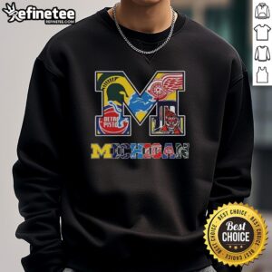 Alt Text: Collage sweatshirt featuring Michigan Wolverines NCAA logo and other Michigan sports team logos.