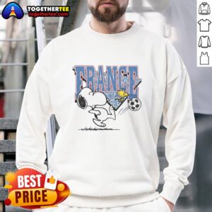 Top Peanuts Snoopy X France soccer sweatshirt featuring Snoopy in a soccer jersey, perfect for fans and style.