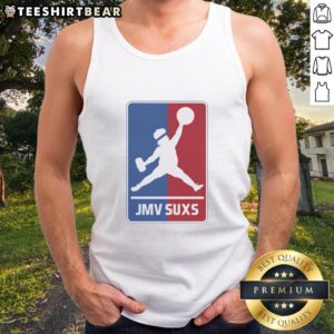 Overweight baseball pitcher wearing an Awesome JMV Suxs MLB Jumpman parody tank top, showcasing a fun sports vibe.