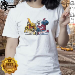 Alt Text: 2026 Western Conference Finals: Vegas Golden Knights vs. Colorado Avalanche hockey mascot on ladies tee shirt.