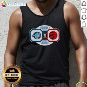 Alt Text: Fan wearing a Nice Orlando Magic vs Toronto Raptors 2026 NBA Playoffs tank top during Eastern Conference Semifinals.