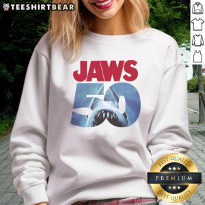 Original 50th Anniversary Jaws Sweatshirt featuring iconic shark graphic, perfect for movie fans and collectors.